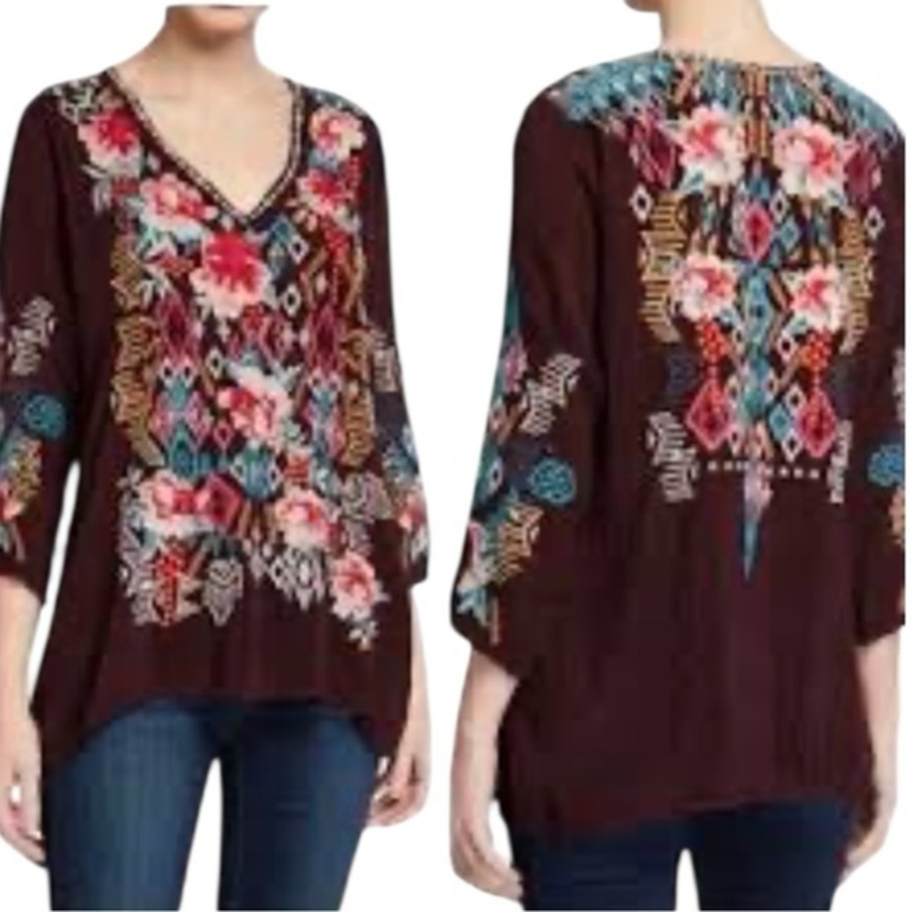 Johnny Was Emmaline Multicolor Embroidered Bohemian Top Size M